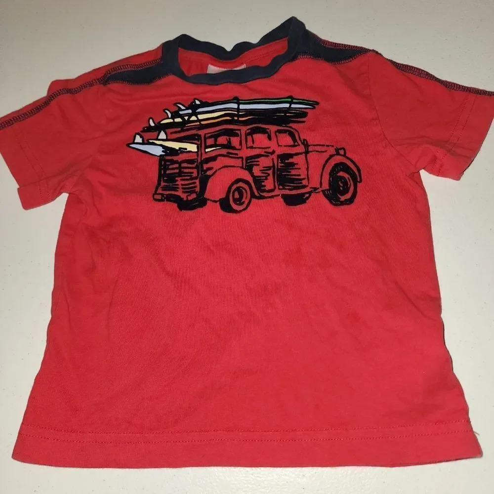 Hanna Andersson Boys Red Short Sleeve Car Surf Board Tshirt 100 4 5